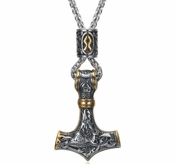 Collier Pendentif Marteau Viking Nordique avec Runes